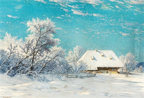 Verschneiter Schwarzwaldhof In Den Fruhen Morgenstunden Oil Painting by Karl Hauptmann