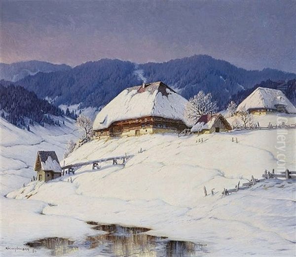 Landscape Near Bernau Black Forest Houses In Winter Landscape Oil Painting by Karl Hauptmann