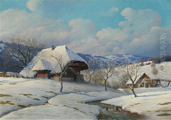 Winter Landscape With Farmhouse In The Black Forest Oil Painting by Karl Hauptmann