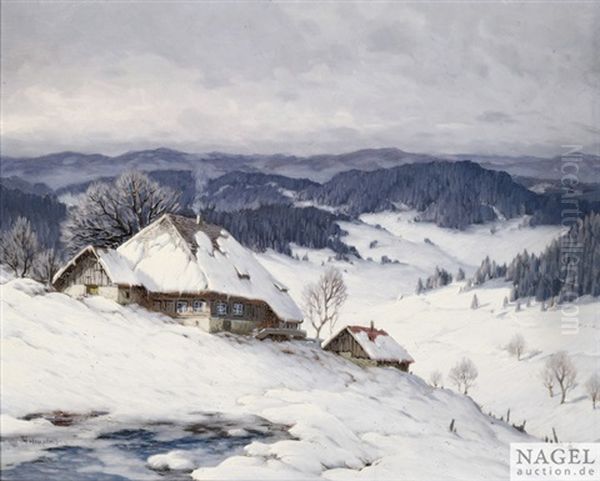 Winterliche Schwarzwaldlandschaft Mit Verschneiten Hausern Oil Painting by Karl Hauptmann