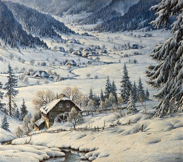 Alte Muhle Im Schnee Im Schwarzwald (old Mill In The Snow At The Black Forest) Oil Painting by Karl Hauptmann