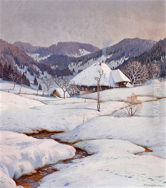 Black Forest House In An Evening Setting Winter Landscape Oil Painting by Karl Hauptmann