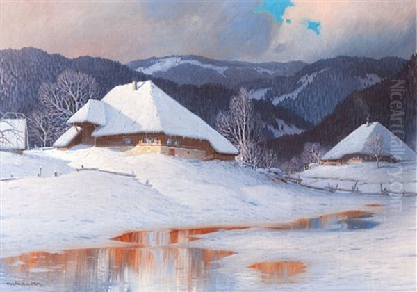 Two Snow-covered Black Forest Houses In The Evening Sun, A Frozen Fire Pond In The Foreground Oil Painting by Karl Hauptmann