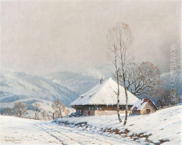 Deeply Snow-covered Black Forest House Oil Painting by Karl Hauptmann