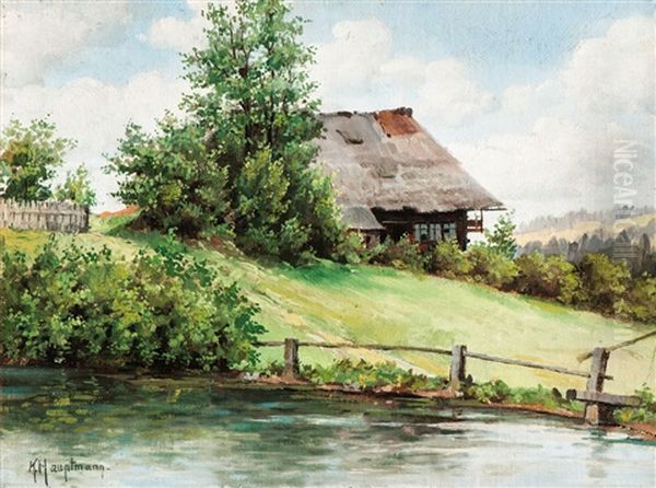 Schwarzwaldhaus Mit Teich An Einem Sommertag Oil Painting by Karl Hauptmann