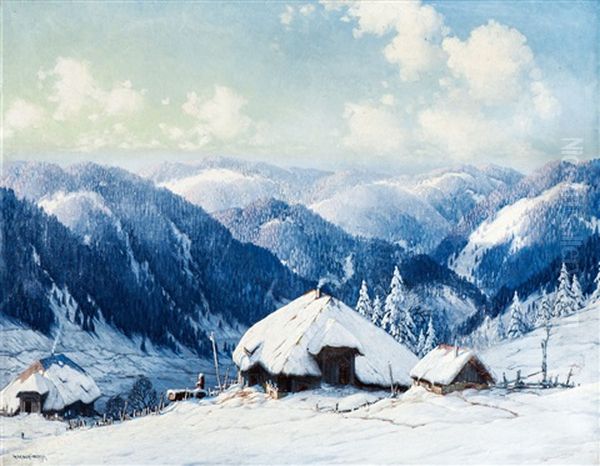 Schwarzwaldhofe In Winterlandschaft Oil Painting by Karl Hauptmann