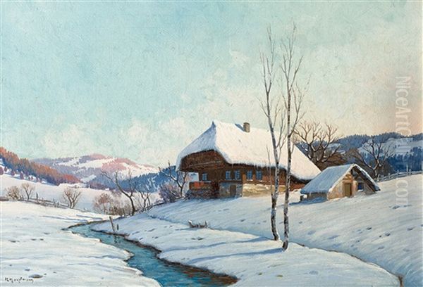 Schwarzwaldhaus Am Bach Oil Painting by Karl Hauptmann