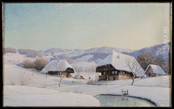 Winter Landscape With Chalets, Freiburg Oil Painting by Karl Hauptmann