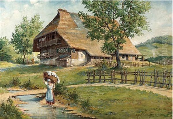 Schwarzwaldhof Mit Wascherin Oil Painting by Karl Hauptmann