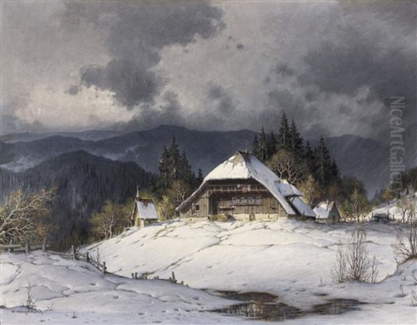 Erster Schnee Im Schwarzwald. Schwarzwalder Gehoft Unter Schneewolken Oil Painting by Karl Hauptmann