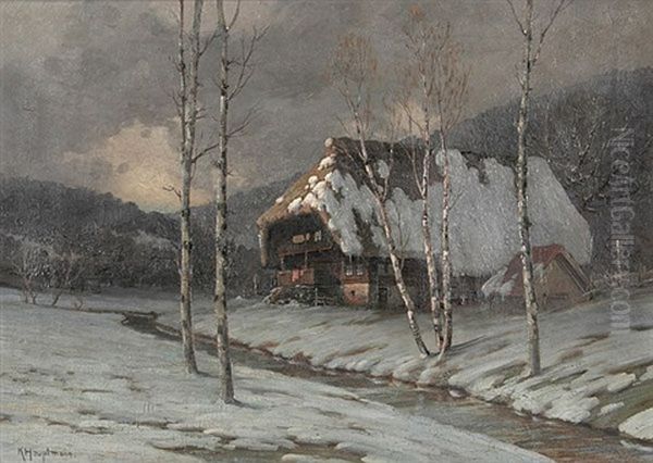 Verschneiter Schwarzwaldhof An Einem Schmalen Bach Mit Birken Oil Painting by Karl Hauptmann