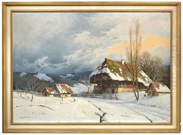 Winterliche Schwarzwaldlandschaft Mit Einem Bauernhof Oil Painting by Karl Hauptmann