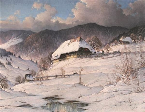 Sonniger Wintertag Im Elztal. Schwarzwaldhof Im Schnee Oil Painting by Karl Hauptmann