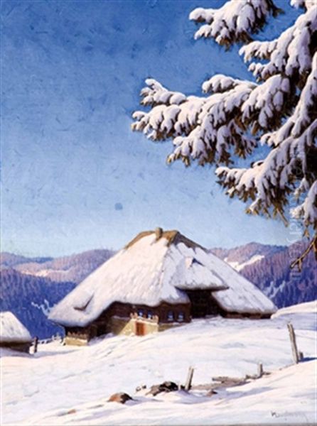 Bauernhaus In Sonniger Winterlandschaft (schwarzwaldlandschaft) Oil Painting by Karl Hauptmann