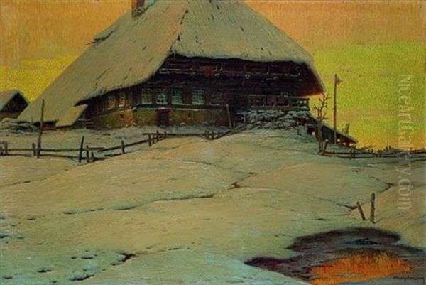 Winterabend (schwarzwaldhaus In Verschneiter Landschaft) Oil Painting by Karl Hauptmann