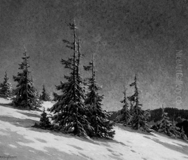 Fresh Powder - A Mountain View With Snow Covered Spruce Oil Painting by Karl Hauptmann