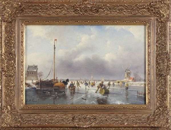 Winterlandschaft Mit Schlittschuhlaufern Oil Painting by Hendrik Manfried Haus