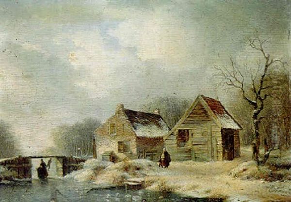 A Wooded Winter Landscape With Peasants Walking Along A Frozen Waterway By A Cottage Oil Painting by Hendrik Manfried Haus