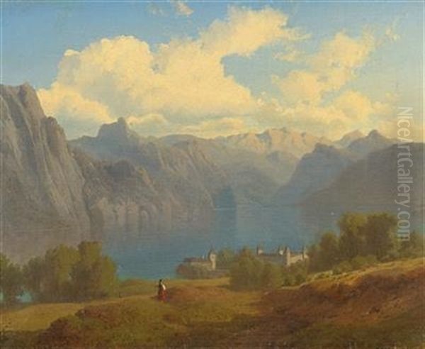 A View Of Lake Traunsee Oil Painting by Maximilian Haushofer