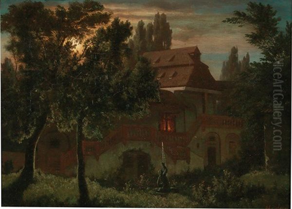 A Moonlit Night Oil Painting by Maximilian Haushofer