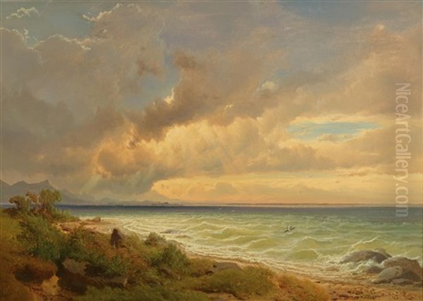 Chiemsee From The East Near Chieming With Approaching Storm Oil Painting by Maximilian Haushofer