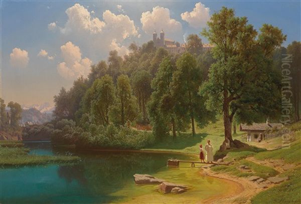 Idylle Am Wasser Mit Blick Auf Das Kloster Baumburg An Der Alz (?) Oil Painting by Maximilian Haushofer