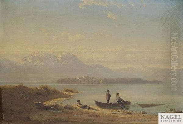 Partie Am Chiemsee Mit Blick Auf Die Herreninsel, Im Vordergrund Netzeinholende Fischer Oil Painting by Maximilian Haushofer