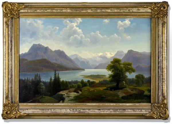 Alpska Vesnieka U Jezera Oil Painting by Maximilian Haushofer