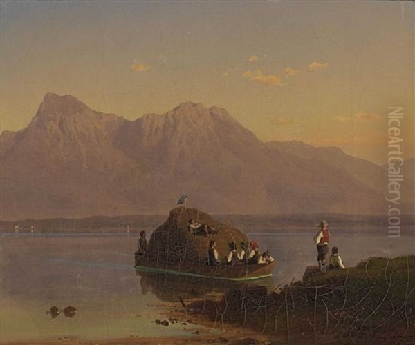 Heuboot Am Ufer Des Chiemsees Oil Painting by Maximilian Haushofer