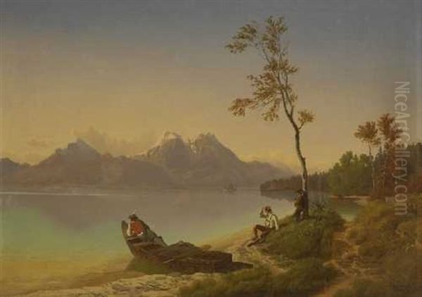 Rast Am Ufer Eines Gebirgssees (altausseer See?) Oil Painting by Maximilian Haushofer