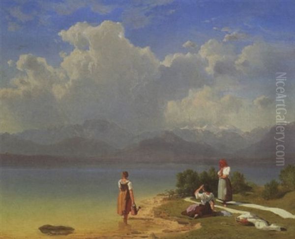 Junge Bauerinnen Beim Waschebleichen Am Ufer Des Chiemsees Oil Painting by Maximilian Haushofer