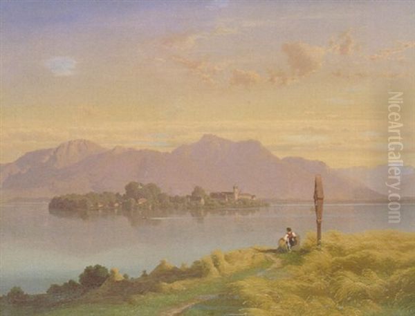 Partie Am Chiemsee Mit Blick Auf Die Fraueninsel Oil Painting by Maximilian Haushofer