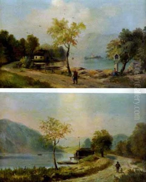 Flusslandschaft (+ Another Similar; 2 Works) Oil Painting by Otto Hausknecht