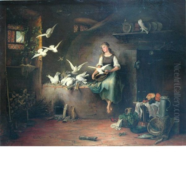 Feeding Doves Oil Painting by Ernst Friedrich Hausmann