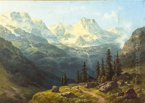 'das Breit Und Thingelhorn Im Hinteren Lauterbrunnental Schweiz' Oil Painting by Gustav Hausmann