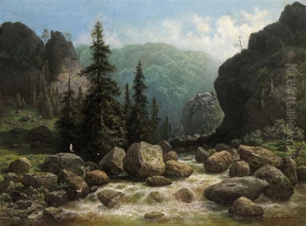 Parthie Aus Dem Okerthale Im Harzgebirge Oil Painting by Gustav Hausmann