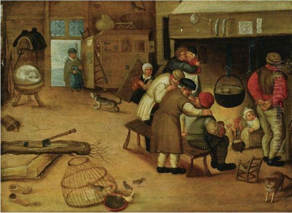 Interior With Peasants Warming Themselves By A Fire Oil Painting by Peeter Baltens