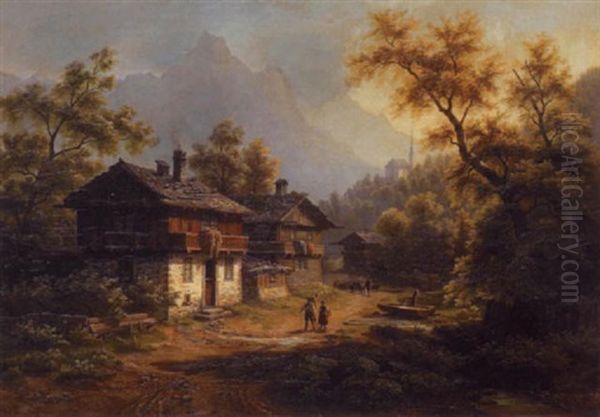 A Mountainous Wooded Landscape With Figures By A Chalet In The Foreground Oil Painting by Gustav Hausmann