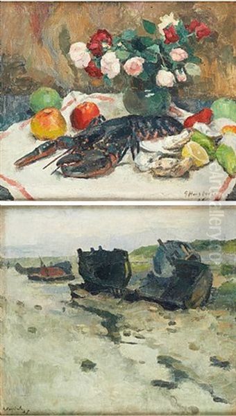 Nature Morte Au Homard Et Aux Huitres; Barque Echouee (2 Works) Oil Painting by Gaston Haustrate