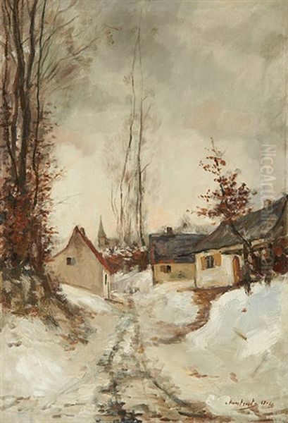 Le Village Sous La Neige Oil Painting by Gaston Haustrate