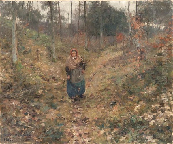 Ramasseuse De Bois A La Foret Oil Painting by Gaston Haustrate