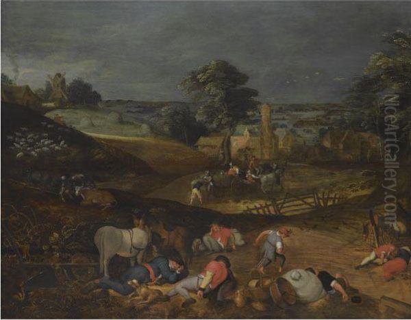 Landscape With Peasants Harvesting Oil Painting by Peeter Baltens