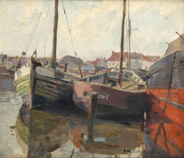 Barques De Peche A Bruges Oil Painting by Gaston Haustrate