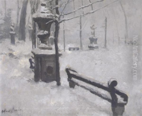 Vue Du Parc De Bruxelles Sous La Neige Oil Painting by Gaston Haustrate