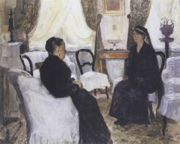 Conversation Au Salon Oil Painting by Gaston Haustrate