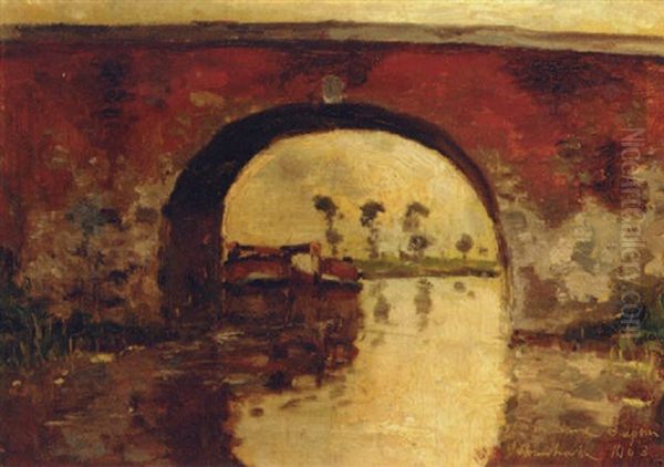 A Barge By A Bridge Oil Painting by Gaston Haustrate