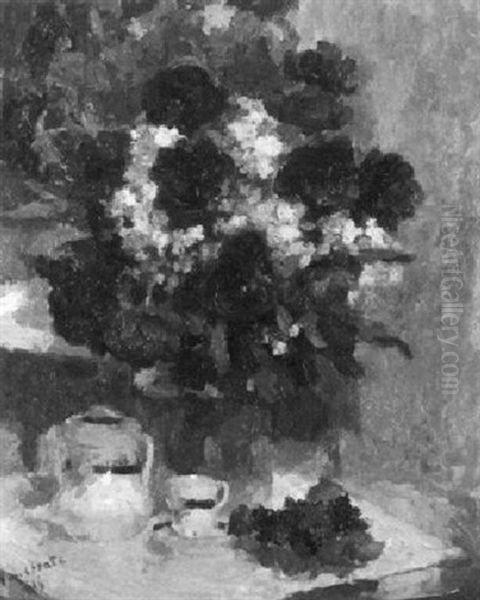 Stilleben Mit Blumenstrauss Und Kaffeegeschirr Oil Painting by Gaston Haustrate