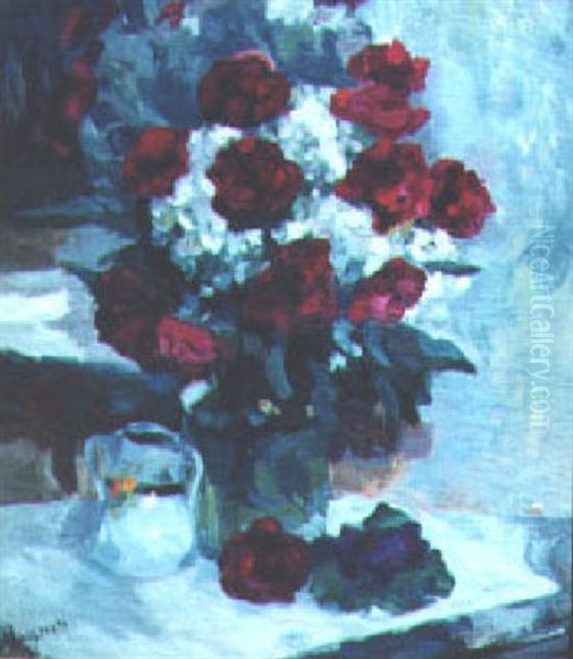 Still Life Of Roses Oil Painting by Gaston Haustrate