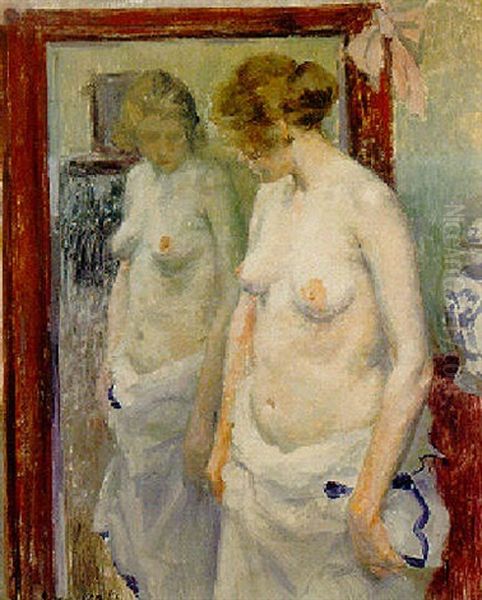 A Nude In Front Of A Mirror Oil Painting by Gaston Haustrate