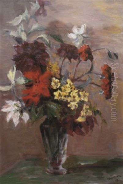 Blumenstilleben Vor Ros,farbenem Hintergrund Oil Painting by Gaston Haustrate